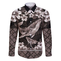 Hawaiian Plumeria and Humpback Whales Family Matching Off Shoulder Maxi Dress and Hawaiian Shirt Polynerian Art Tattoo-Grayscale Mode LT03 Dad's Shirt - Long Sleeve Black - Polynesian Pride