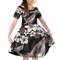 Hawaiian Plumeria and Humpback Whales Family Matching Off Shoulder Short Dress and Hawaiian Shirt Polynerian Art Tattoo-Grayscale Mode LT03 Daughter's Dress Black - Polynesian Pride