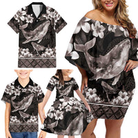 Hawaiian Plumeria and Humpback Whales Family Matching Off Shoulder Short Dress and Hawaiian Shirt Polynerian Art Tattoo-Grayscale Mode LT03 - Polynesian Pride