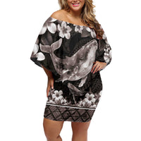 Hawaiian Plumeria and Humpback Whales Family Matching Off Shoulder Short Dress and Hawaiian Shirt Polynerian Art Tattoo-Grayscale Mode LT03 Mom's Dress Black - Polynesian Pride