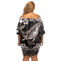 Hawaiian Plumeria and Humpback Whales Family Matching Off Shoulder Short Dress and Hawaiian Shirt Polynerian Art Tattoo-Grayscale Mode LT03 - Polynesian Pride
