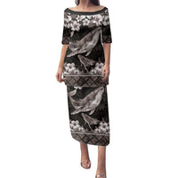 Hawaiian Plumeria and Humpback Whales Family Matching Puletasi and Hawaiian Shirt Polynerian Art Tattoo-Grayscale Mode LT03 Mom's Dress Black - Polynesian Pride
