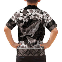 Hawaiian Plumeria and Humpback Whales Family Matching Short Sleeve Bodycon Dress and Hawaiian Shirt Polynerian Art Tattoo-Grayscale Mode LT03 - Polynesian Pride