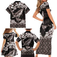 Hawaiian Plumeria and Humpback Whales Family Matching Short Sleeve Bodycon Dress and Hawaiian Shirt Polynerian Art Tattoo-Grayscale Mode LT03 - Polynesian Pride
