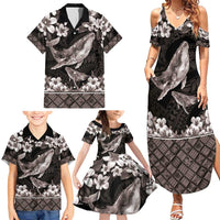 Hawaiian Plumeria and Humpback Whales Family Matching Summer Maxi Dress and Hawaiian Shirt Polynerian Art Tattoo-Grayscale Mode LT03 - Polynesian Pride