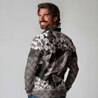 Hawaiian Plumeria and Humpback Whales Long Sleeve Polo Shirt Polynerian Art Tattoo-Grayscale Mode