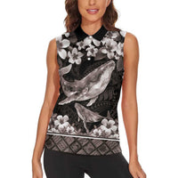Hawaiian Plumeria and Humpback Whales Women Sleeveless Polo Shirt Polynerian Art Tattoo-Grayscale Mode