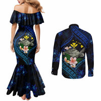 Hawaii Turtle Plumeria Flower Fanciful Couples Matching Mermaid Dress and Long Sleeve Button Shirt