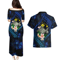 Hawaii Turtle Plumeria Flower Fanciful Couples Matching Puletasi and Hawaiian Shirt