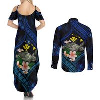 Hawaii Turtle Plumeria Flower Fanciful Couples Matching Summer Maxi Dress and Long Sleeve Button Shirt LT03 - Polynesian Pride
