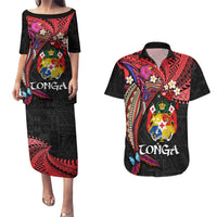 Tonga Emancipation Day Couples Matching Puletasi and Hawaiian Shirt Ngatu Humpback Whale Polynesian Flower LT03 Black - Polynesian Pride