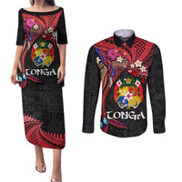 Tonga Emancipation Day Couples Matching Puletasi and Long Sleeve Button Shirt Ngatu Humpback Whale Polynesian Flower LT03 Black - Polynesian Pride
