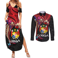 Tonga Emancipation Day Couples Matching Summer Maxi Dress and Long Sleeve Button Shirt Ngatu Humpback Whale Polynesian Flower LT03 Black - Polynesian Pride