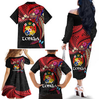 Tonga Emancipation Day Family Matching Off The Shoulder Long Sleeve Dress and Hawaiian Shirt Ngatu Humpback Whale Polynesian Flower LT03 - Polynesian Pride