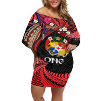 Tonga Emancipation Day Off Shoulder Short Dress Ngatu Humpback Whale Polynesian Flower LT03 Women Black - Polynesian Pride