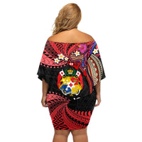 Tonga Emancipation Day Off Shoulder Short Dress Ngatu Humpback Whale Polynesian Flower LT03 - Polynesian Pride