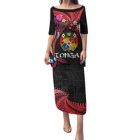 Tonga Emancipation Day Puletasi Ngatu Humpback Whale Polynesian Flower LT03 Long Dress Black - Polynesian Pride