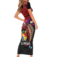 Tonga Emancipation Day Short Sleeve Bodycon Dress Ngatu Humpback Whale Polynesian Flower