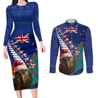 New Zealand Christmas Couples Matching Long Sleeve Bodycon Dress and Long Sleeve Button Shirt Kiwi Bird Santa and Silver Fern Funny Haka Dance LT03 Blue - Polynesian Pride