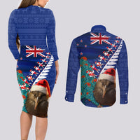 New Zealand Christmas Couples Matching Long Sleeve Bodycon Dress and Long Sleeve Button Shirt Kiwi Bird Santa and Silver Fern Funny Haka Dance LT03 - Polynesian Pride
