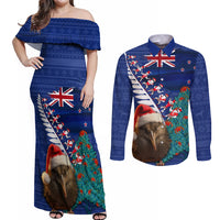 New Zealand Christmas Couples Matching Off Shoulder Maxi Dress and Long Sleeve Button Shirt Kiwi Bird Santa and Silver Fern Funny Haka Dance LT03 Blue - Polynesian Pride