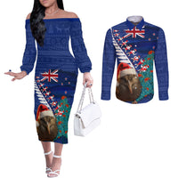 New Zealand Christmas Couples Matching Off The Shoulder Long Sleeve Dress and Long Sleeve Button Shirt Kiwi Bird Santa and Silver Fern Funny Haka Dance LT03 Blue - Polynesian Pride