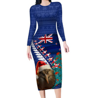 New Zealand Christmas Family Matching Long Sleeve Bodycon Dress and Hawaiian Shirt Kiwi Bird Santa and Silver Fern Funny Haka Dance LT03 Mom's Dress Blue - Polynesian Pride