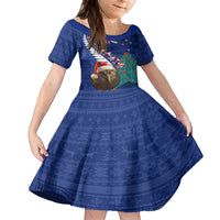 New Zealand Christmas Family Matching Off Shoulder Short Dress and Hawaiian Shirt Kiwi Bird Santa and Silver Fern Funny Haka Dance LT03 Daughter's Dress Blue - Polynesian Pride