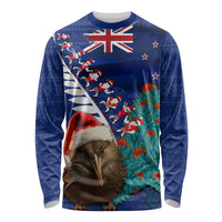 New Zealand Christmas Long Sleeve Shirt Kiwi Bird Santa and Silver Fern Funny Haka Dance LT03 Unisex Blue - Polynesian Pride