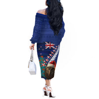 New Zealand Christmas Off The Shoulder Long Sleeve Dress Kiwi Bird Santa and Silver Fern Funny Haka Dance LT03 - Polynesian Pride