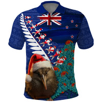 New Zealand Christmas Polo Shirt Kiwi Bird Santa and Silver Fern Funny Haka Dance LT03 Blue - Polynesian Pride