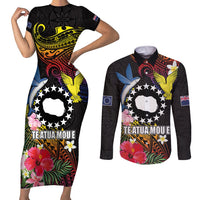 Cook Islands Independence Day Couples Matching Short Sleeve Bodycon Dress and Long Sleeve Button Shirt Maroro and Kakaia with Hibiscus Flower Polynesian Pattern