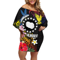 Cook Islands Independence Day Family Matching Off Shoulder Short Dress and Hawaiian Shirt Maroro and Kakaia with Hibiscus Flower Polynesian Pattern LT03 Mom's Dress Black - Polynesian Pride