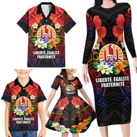 French Polynesia Bastille Day Family Matching Long Sleeve Bodycon Dress and Hawaiian Shirt Tiare Flower and National Seal Polynesian Pattern LT03 - Polynesian Pride