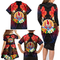 French Polynesia Bastille Day Family Matching Long Sleeve Bodycon Dress and Hawaiian Shirt Tiare Flower and National Seal Polynesian Pattern LT03 - Polynesian Pride
