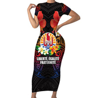French Polynesia Bastille Day Family Matching Short Sleeve Bodycon Dress and Hawaiian Shirt Tiare Flower and National Seal Polynesian Pattern LT03 Mom's Dress Black - Polynesian Pride