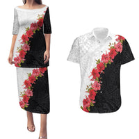 Hawaii Red Hibiscus Flowers Couples Matching Puletasi and Hawaiian Shirt Polynesian Pattern With Half Black White Version LT03 Black - Polynesian Pride