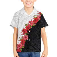 Hawaii Red Hibiscus Flowers Family Matching Off Shoulder Maxi Dress and Hawaiian Shirt Polynesian Pattern With Half Black White Version