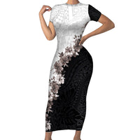 Hawaii Grayscale Hibiscus Flowers Family Matching Short Sleeve Bodycon Dress and Hawaiian Shirt Polynesian Pattern With Half Black White Version LT03 Mom's Dress Black - Polynesian Pride