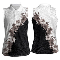 Hawaii Grayscale Hibiscus Flowers Women Sleeveless Polo Shirt Polynesian Pattern With Half Black White Version