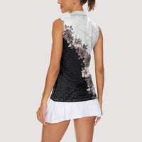 Hawaii Grayscale Hibiscus Flowers Women Sleeveless Polo Shirt Polynesian Pattern With Half Black White Version