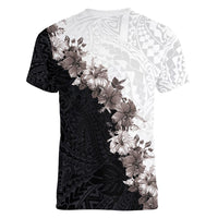 Hawaii Grayscale Hibiscus Flowers Women V-Neck T-Shirt Polynesian Pattern With Half Black White Version