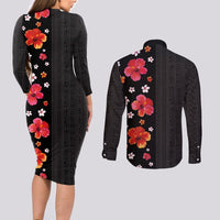 Hawaii Hibiscus and Plumeria Flowers Couples Matching Long Sleeve Bodycon Dress and Long Sleeve Button Shirt Tapa Tribal Pattern Half Style Colorful Mode LT03 - Polynesian Pride