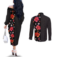 Hawaii Hibiscus and Plumeria Flowers Couples Matching Off The Shoulder Long Sleeve Dress and Long Sleeve Button Shirt Tapa Tribal Pattern Half Style Colorful Mode LT03 - Polynesian Pride