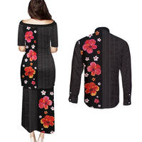 Hawaii Hibiscus and Plumeria Flowers Couples Matching Puletasi and Long Sleeve Button Shirt Tapa Tribal Pattern Half Style Colorful Mode