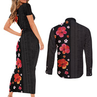 Hawaii Hibiscus and Plumeria Flowers Couples Matching Short Sleeve Bodycon Dress and Long Sleeve Button Shirt Tapa Tribal Pattern Half Style Colorful Mode LT03 - Polynesian Pride