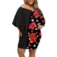 Hawaii Hibiscus and Plumeria Flowers Family Matching Off Shoulder Short Dress and Hawaiian Shirt Tapa Tribal Pattern Half Style Colorful Mode LT03 Mom's Dress Black - Polynesian Pride