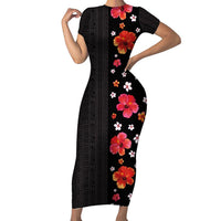 Hawaii Hibiscus and Plumeria Flowers Family Matching Short Sleeve Bodycon Dress and Hawaiian Shirt Tapa Tribal Pattern Half Style Colorful Mode LT03 Mom's Dress Black - Polynesian Pride