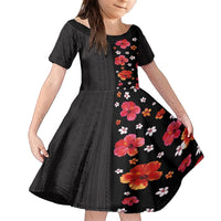 Hawaii Hibiscus and Plumeria Flowers Family Matching Summer Maxi Dress and Hawaiian Shirt Tapa Tribal Pattern Half Style Colorful Mode LT03 Daughter's Dress Black - Polynesian Pride