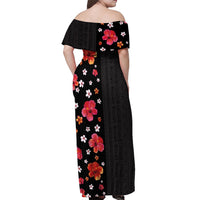 Hawaii Hibiscus and Plumeria Flowers Off Shoulder Maxi Dress Tapa Tribal Pattern Half Style Colorful Mode LT03 - Polynesian Pride